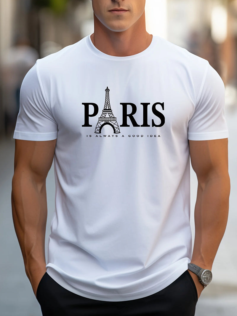 Verão Masculino T Shirt manga curta Paris Padrão Print Casual O-Neck Oversized Pullover Moda Streetwear Roupas Masculinas T-Shirts