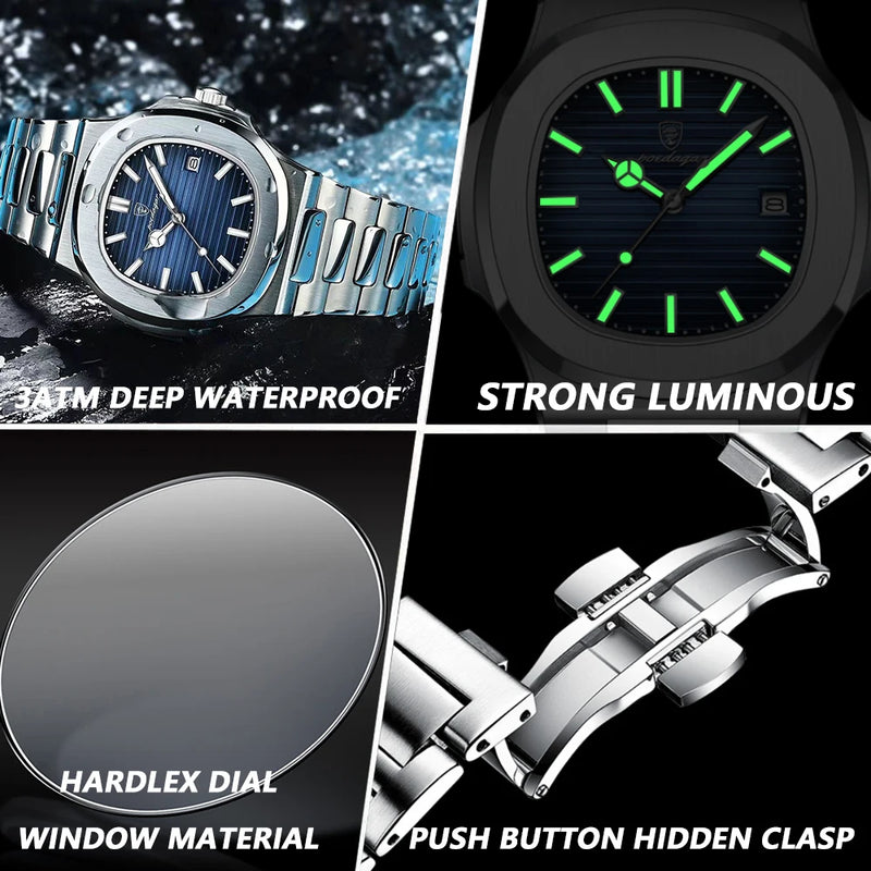 2025 Novo POEDAGAR Luxury Watch Business Relógio Masculino Impermeável Data Luminosa Aço Inoxidável Quadrado Quartzo Homens Watch reloj hombre