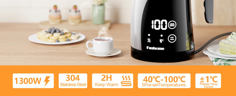 Fashome Electric Kettle 1300W 1.25L Stainless Steel Electric Tea Kettle Temperature Control Kitchen Coffee Water Kettle Pot