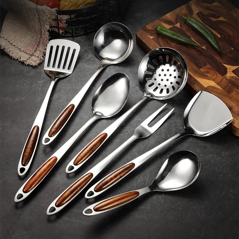 Aço Inoxidável Ferramenta de Cozinha set Frigideira Pá Arroz Sopa Colher Colander Carne Garfo Non Stick Utensílios de Cozinha Acessórios De Cozinha