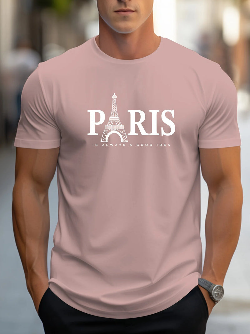 Verão Masculino T Shirt manga curta Paris Padrão Print Casual O-Neck Oversized Pullover Moda Streetwear Roupas Masculinas T-Shirts