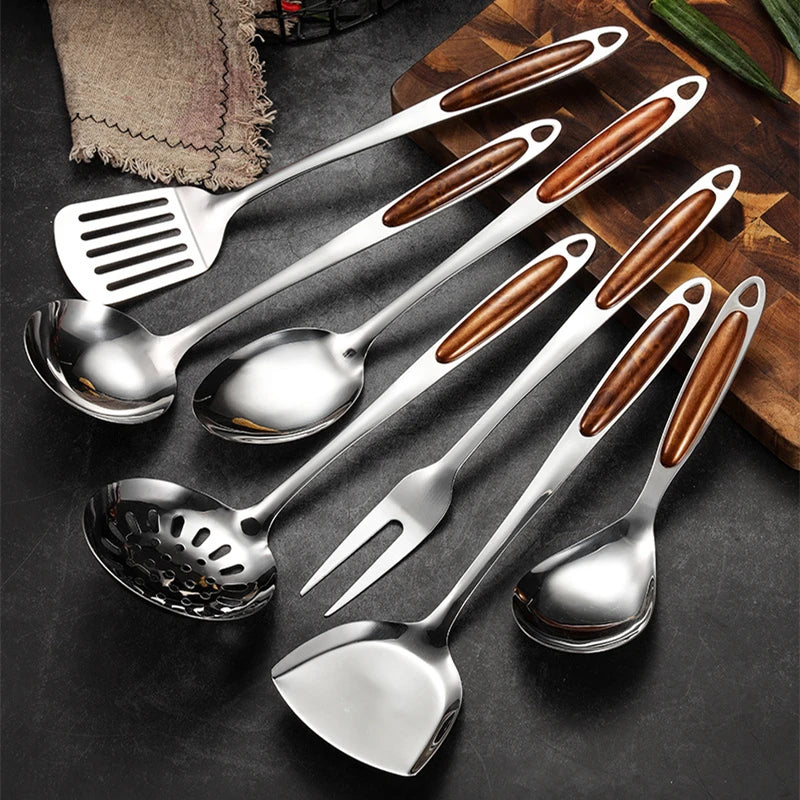 Aço Inoxidável Ferramenta de Cozinha set Frigideira Pá Arroz Sopa Colher Colander Carne Garfo Non Stick Utensílios de Cozinha Acessórios De Cozinha